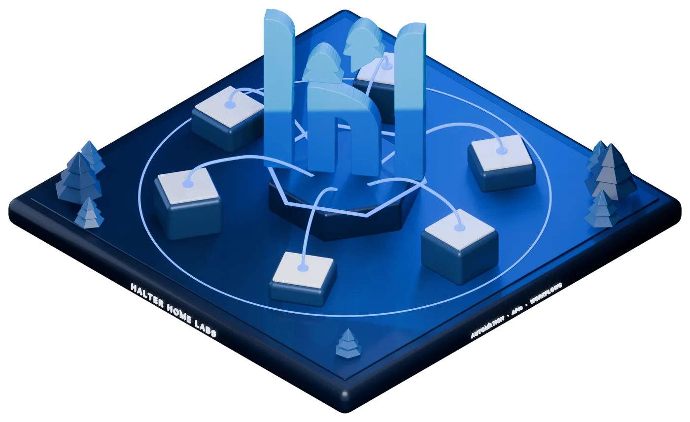 Isometric illustration of the Halter Home Labs mark on a platform, with connected service nodes feeding data into it